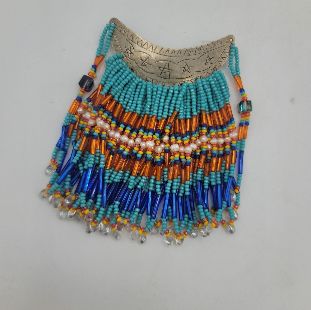 Artisan Beaded Crescent Fringe Brooch Glass Bead Statement Orange Blue Turquoise - Picture 13 of 13